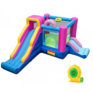 Pripučiama pilis + 680 W pūstuvo komplektas su laipiojimo siena ir krepšinio lanku